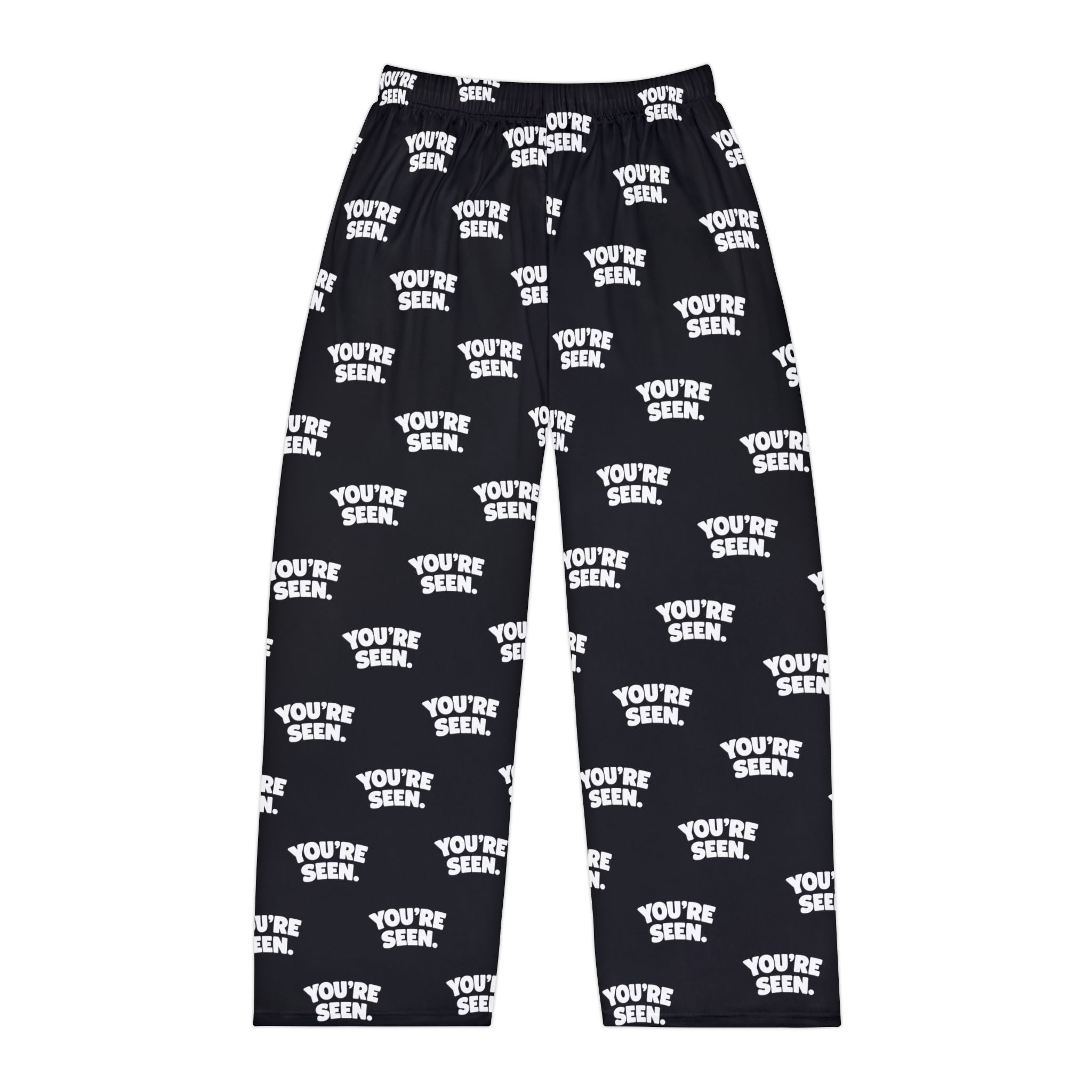 YOU'RE SEEN Repeat Text Pajama Pants | Black All-Over Print