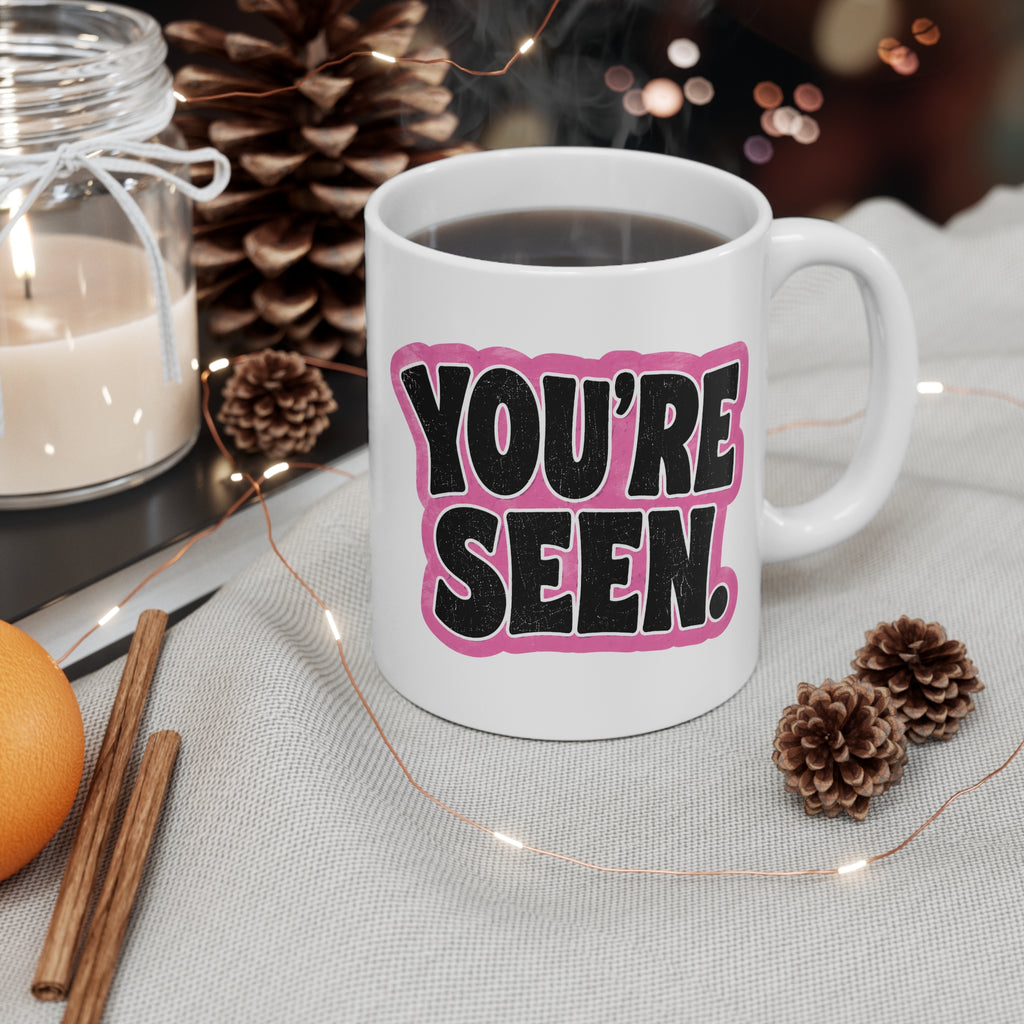 SeenU Mug | Pink text coffee cup
