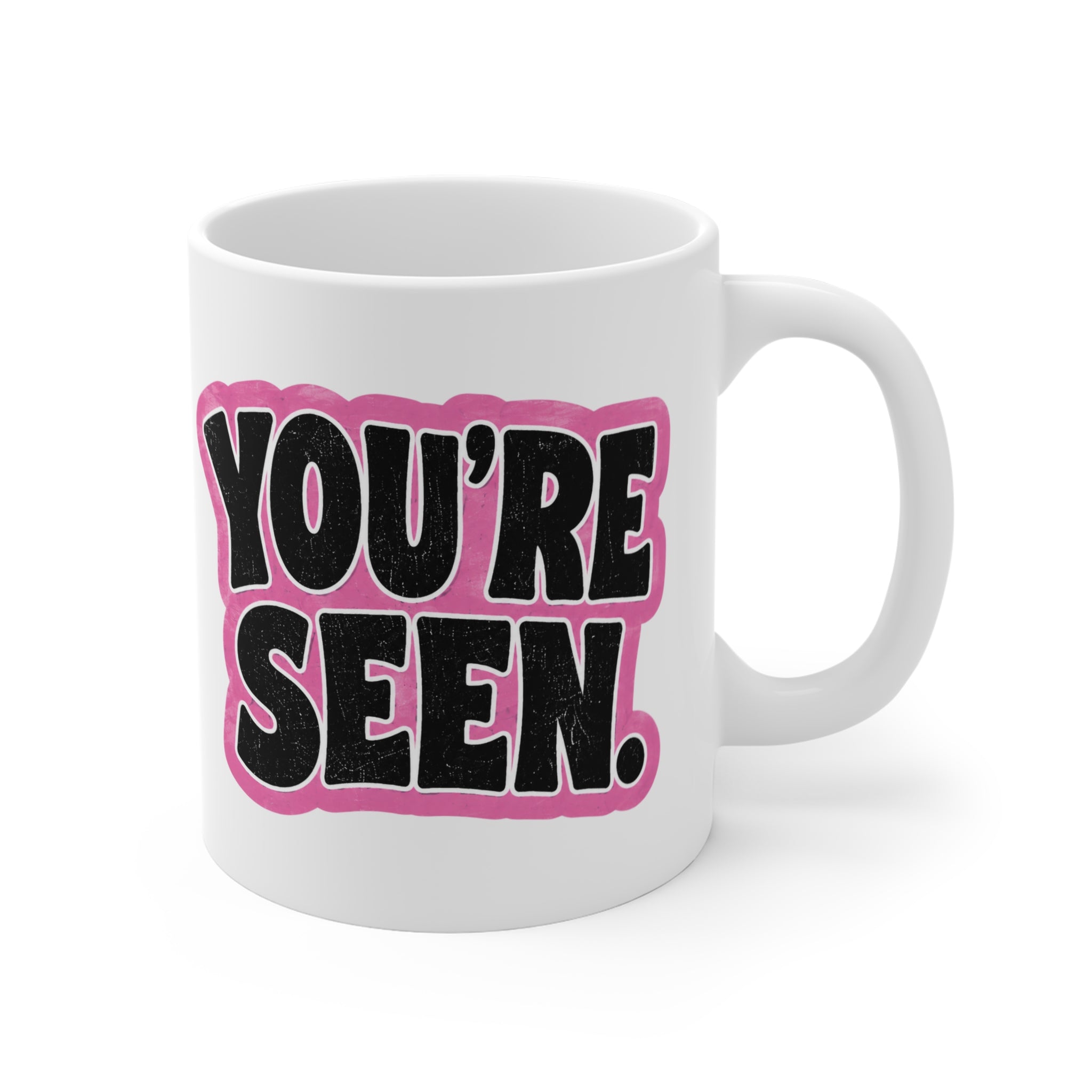 SeenU Mug | Pink text coffee cup