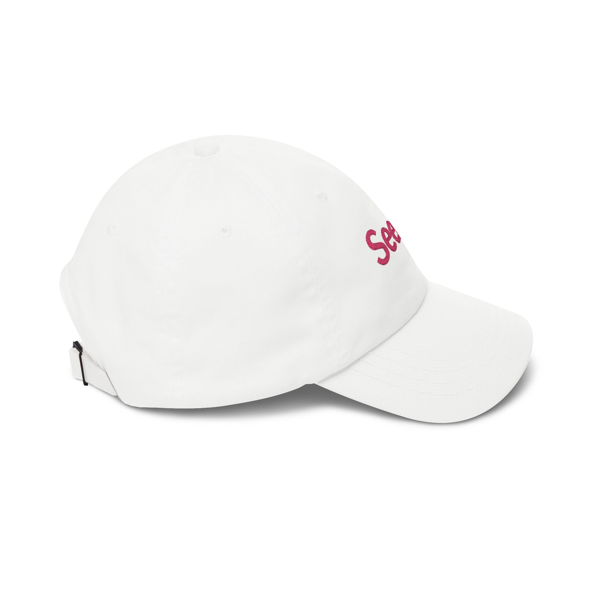 SeenU Embroidered Dad Cap | White Baseball Hat, Pink Text