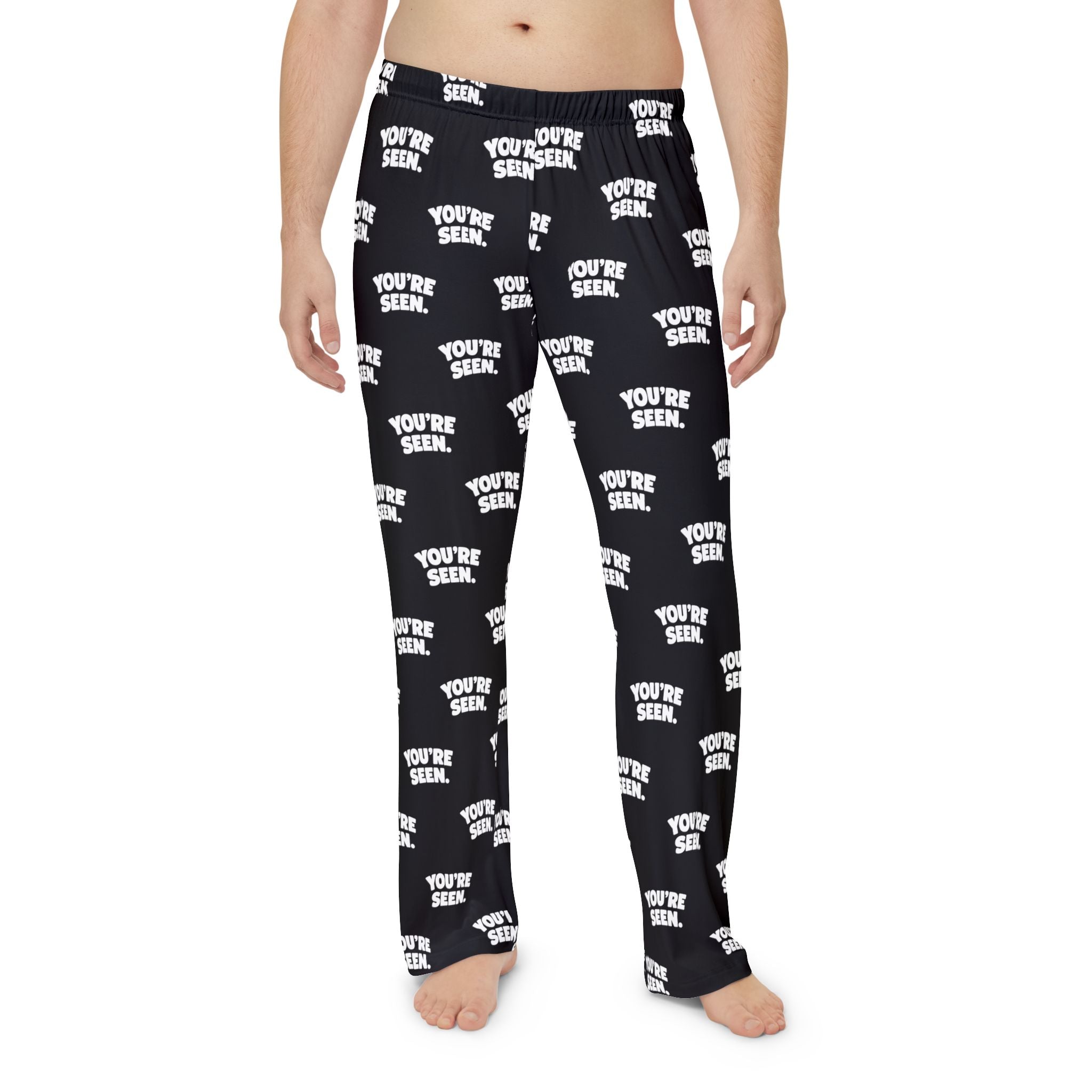 YOU'RE SEEN Repeat Text Pajama Pants | Black All-Over Print
