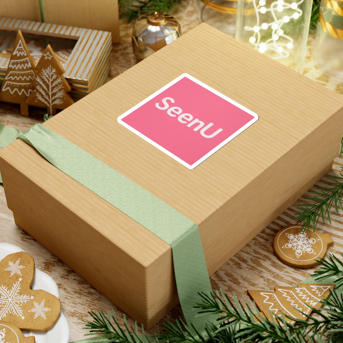 SeenU logo Sticker | Pink square kiss-cut sticker, laptop decal