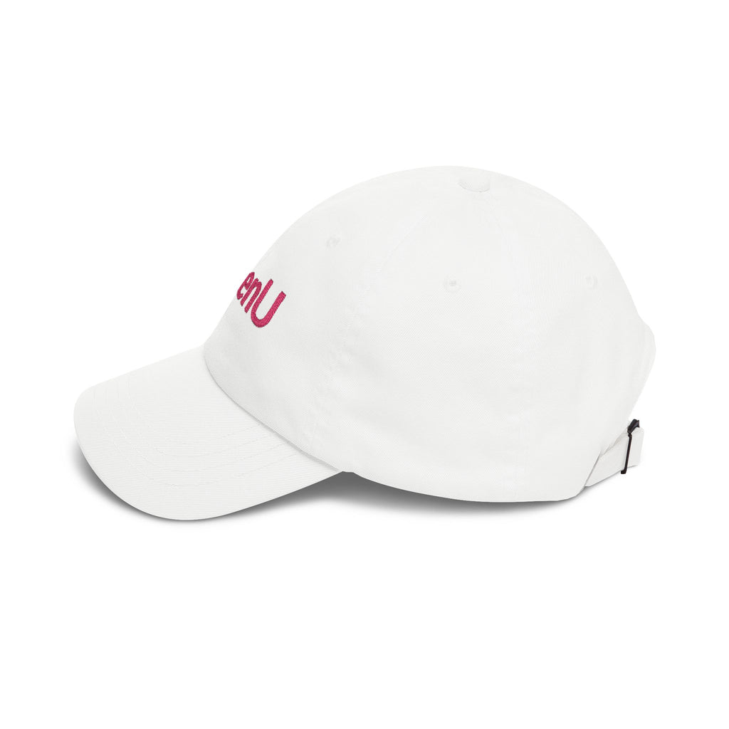 SeenU Embroidered Dad Cap | White Baseball Hat, Pink Text