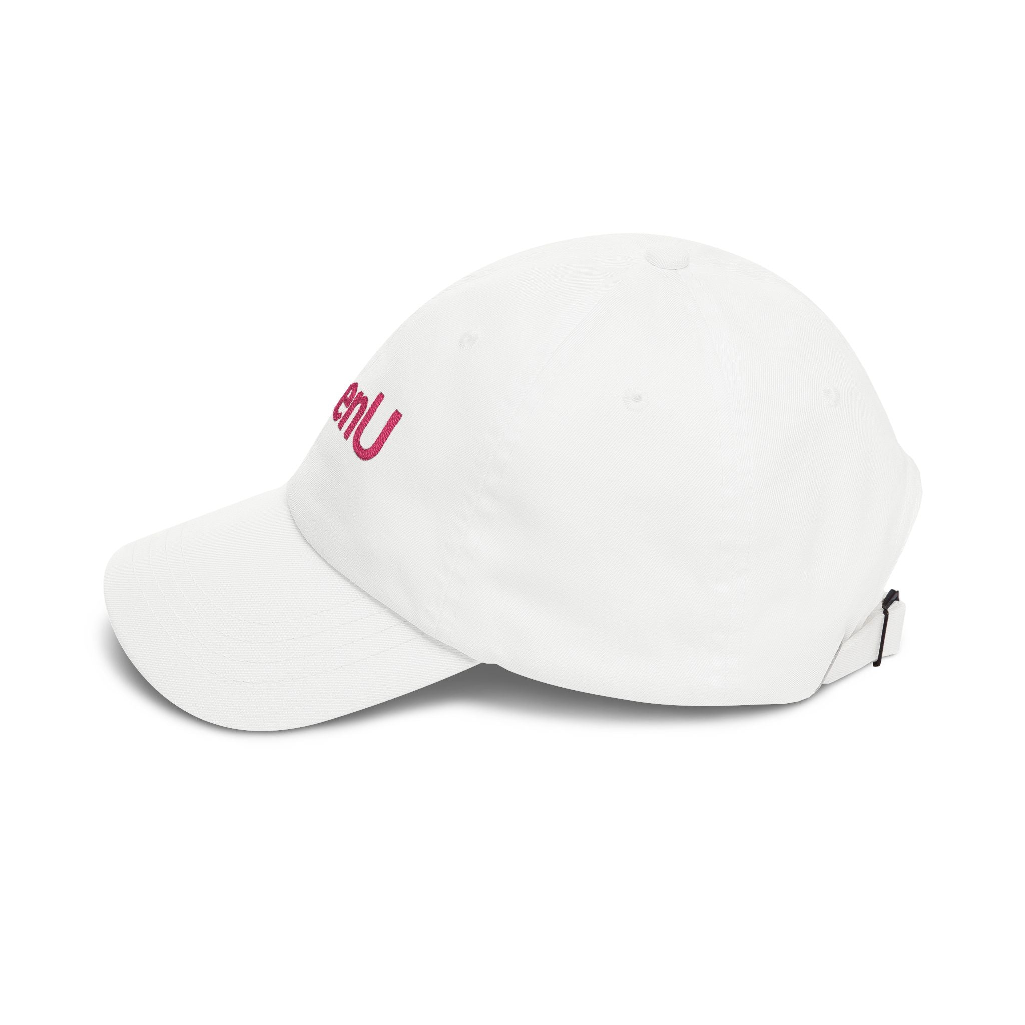 SeenU Embroidered Dad Cap | White Baseball Hat, Pink Text