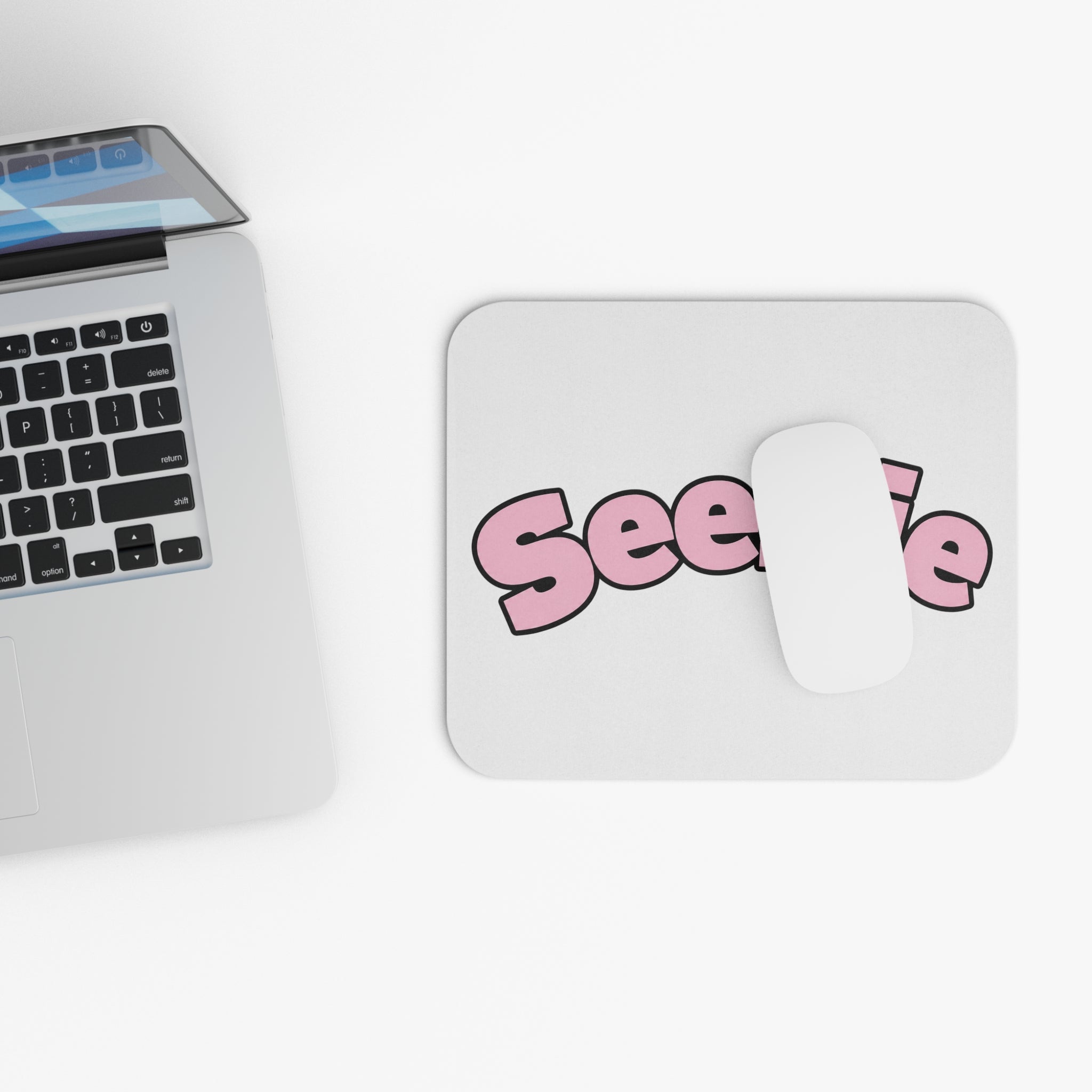Seenie word art Mouse Pad | pink retro bubble lettering desk accessory