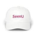 SeenU Embroidered Dad Cap | White Baseball Hat, Pink Text