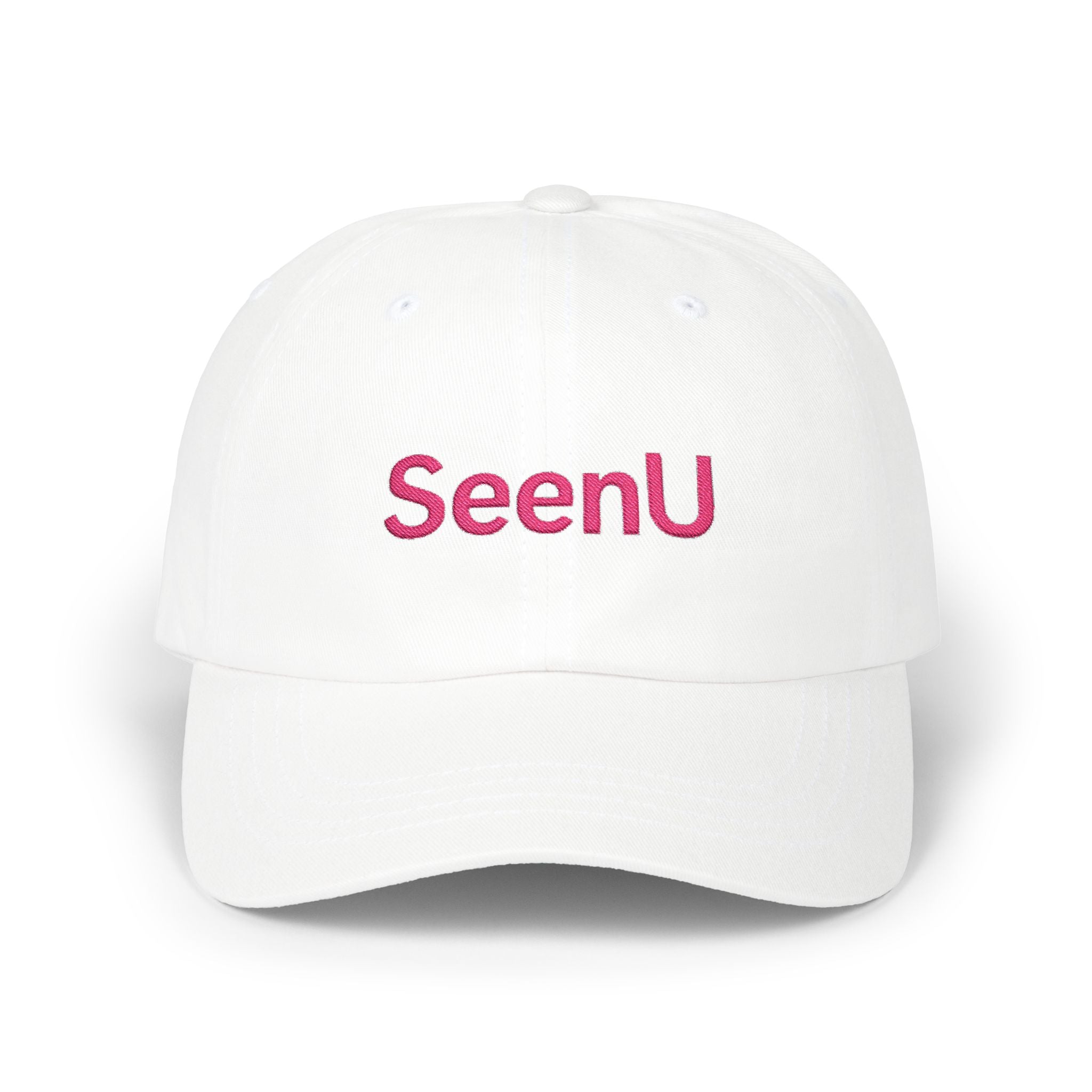 SeenU Embroidered Dad Cap | White Baseball Hat, Pink Text