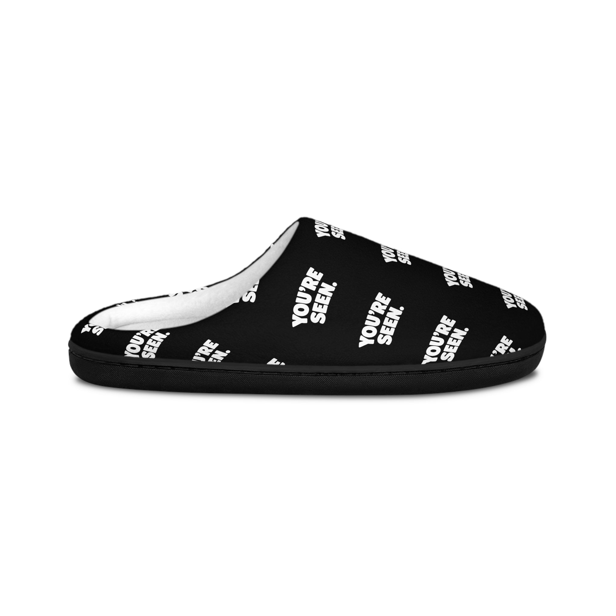 YOU'RE SEEN Slippers | Men's Indoor Slippers, Black Text Pattern